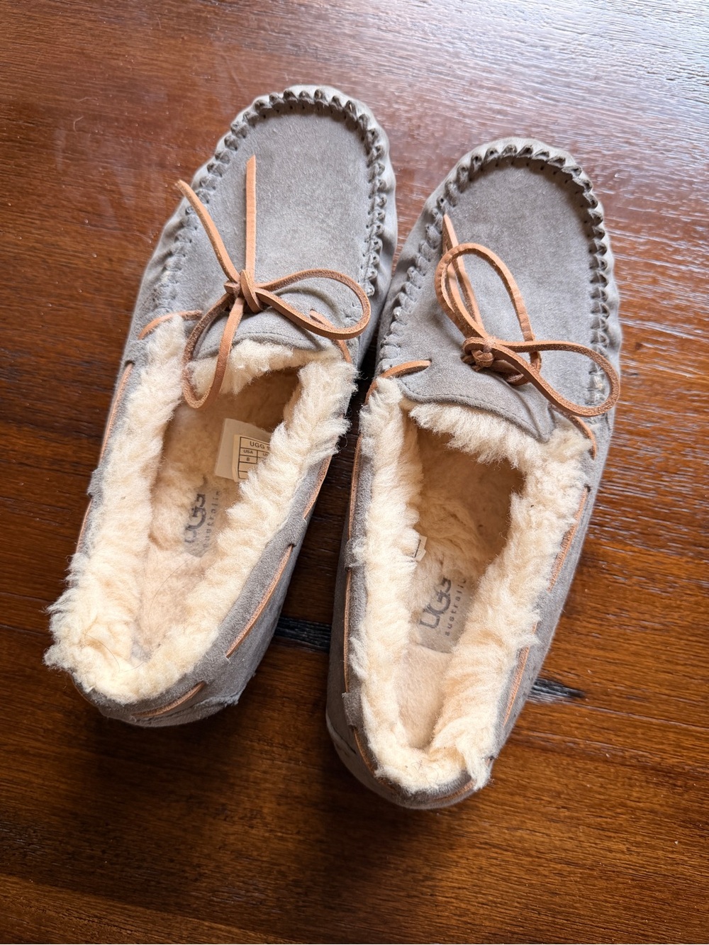 UGG Women's Gray Suede Shearling Moccasin Slippers with Chestnut Laces